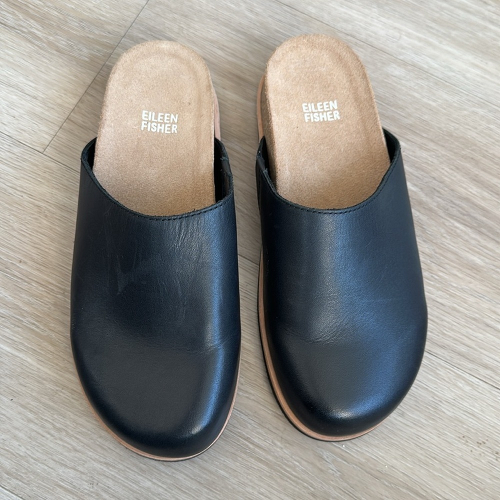 Eileen Fisher Black Slip-On Mules Bios Leather Mule NWOB